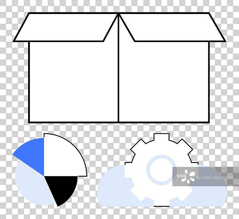 打开的盒子，里面有饼图和齿轮的象征图片素材