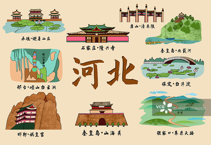 河北省市著名景点卡通手绘插画地图明信片图片素材