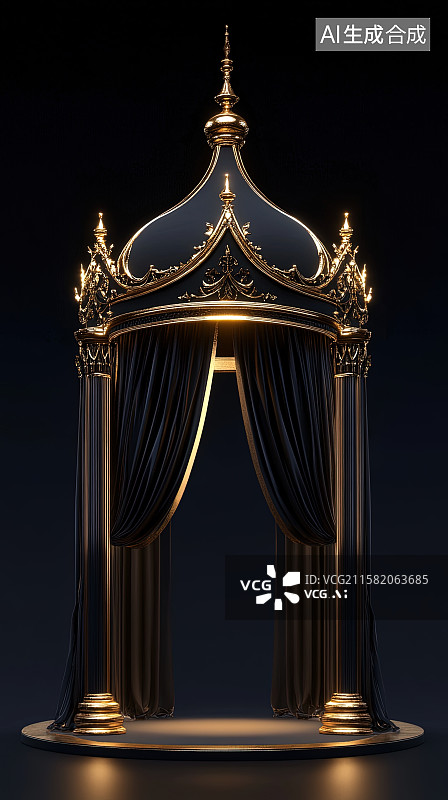 【AI数字艺术】黑丝绒金边珠宝首饰展台3D电商背景图片素材