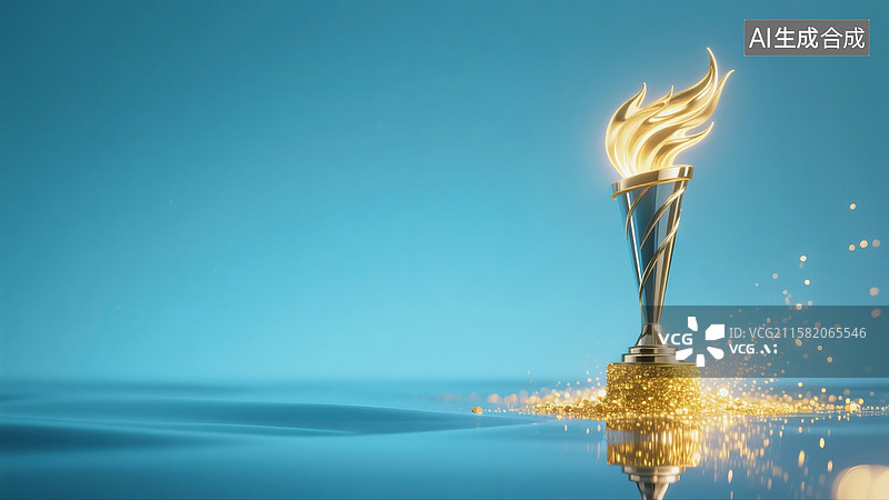 【AI数字艺术】淡蓝色背景上右侧金属火炬奖杯及底部光粒子画面图片素材