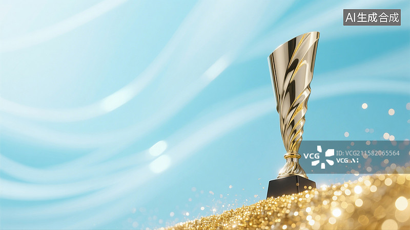 【AI数字艺术】淡蓝色背景上右侧金属火炬奖杯及底部光粒子画面图片素材