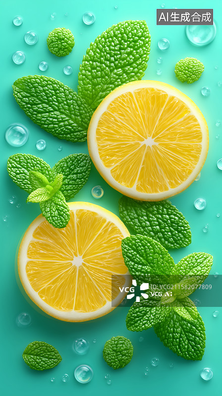 【AI数字艺术】柠檬薄荷与水滴的清新组合图片素材
