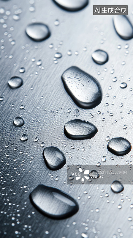 【AI数字艺术】时尚银色水滴抽象商业背景金属表面上的水珠现代商业理念的多用途背景图片素材