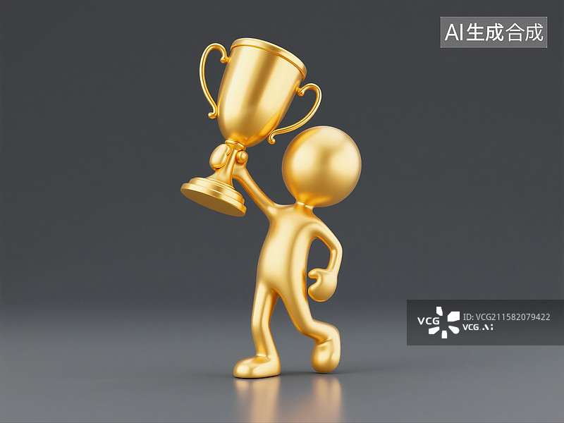 【AI数字艺术】3D渲染的金子小人举起金奖杯画面图片素材