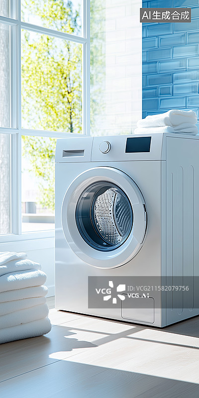 【AI数字艺术】明亮窗边的白色洗衣机与叠放毛巾图片素材