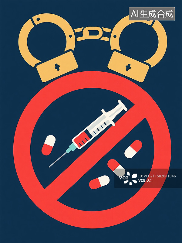 【AI数字艺术】扁平插画中禁止标志下的注射器、药丸及手铐背景图图片素材