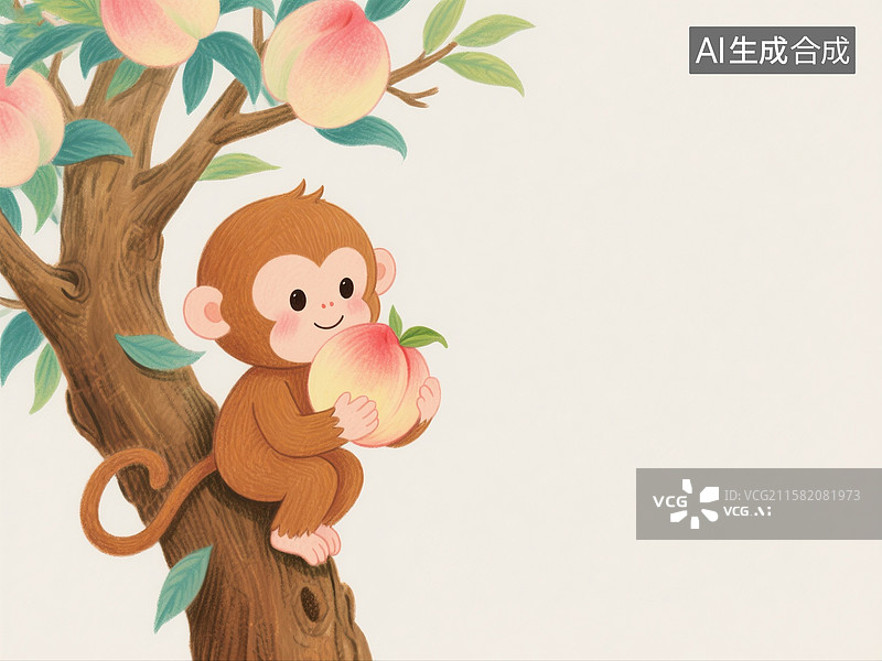 【AI数字艺术】版画风格鲜亮色彩猴子抱桃图图片素材