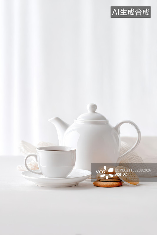 【AI数字艺术】简约白色茶具茶点静物组合图图片素材