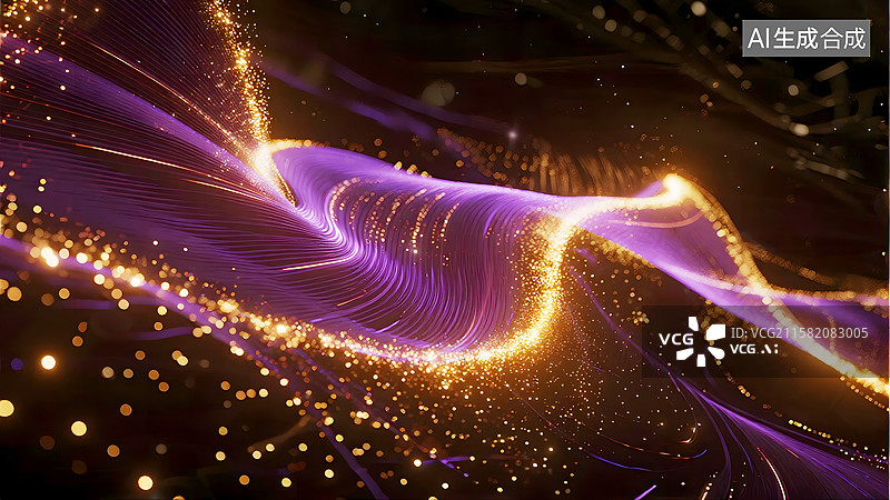 【AI数字艺术】AIGC：金色发光粒子和紫色弯曲流动线条 科技未来概念背景图片素材