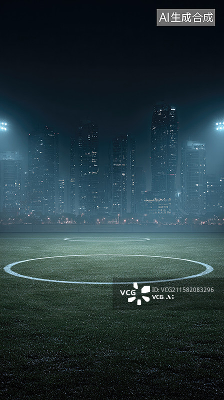 【AI数字艺术】灯光照耀的夜间足球场城市天际线背景下的体育赛事场景创意抽象商业背景聚光灯下草坪球场世界杯奥运会海报图片素材