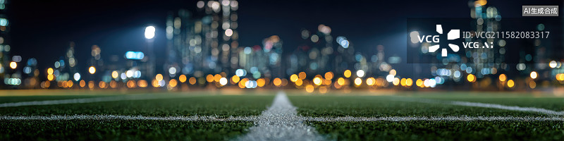 【AI数字艺术】灯光照耀的夜间足球场城市天际线背景下的体育赛事场景创意抽象商业背景聚光灯下草坪球场世界杯奥运会海报图片素材