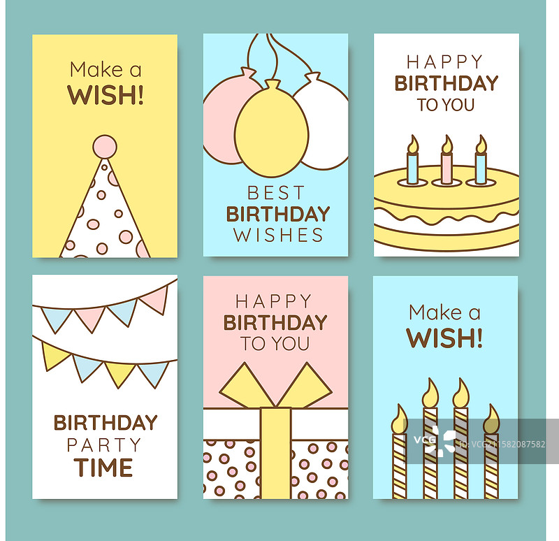 浅色调的生日贺卡套装，带有插图图片素材