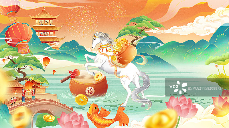 国潮风春节 2026马年春节创意插画 白马迎新年贺岁国风年画 一匹背着钱袋的骏马 马到成功 横版图片素材