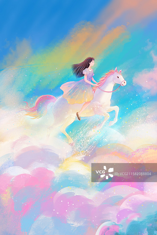 2026年马年插画 女孩骑白马踏在梦幻彩云里 祝考生马到成功 彩色云端上 色彩鲜艳背景 竖版图片素材