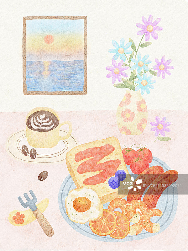 手绘水彩早餐居家美食图片素材