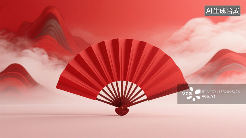 【AI数字艺术】红色水墨山水山脉背景下放置的红色折扇图片素材