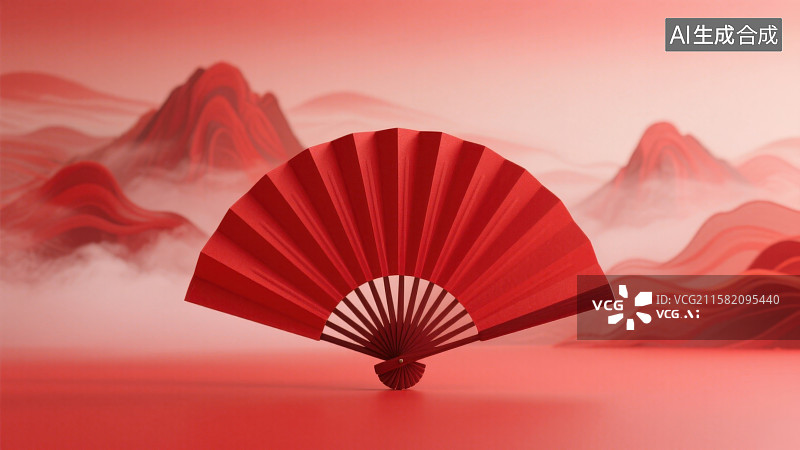 【AI数字艺术】红色水墨山水山脉背景下放置的红色折扇图片素材