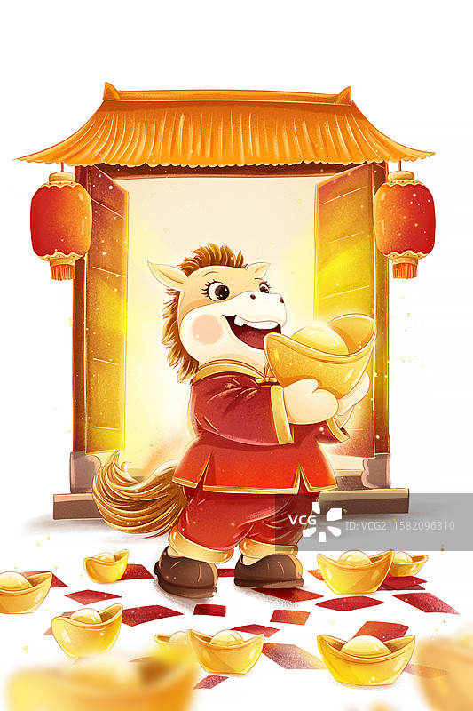 国潮风春节卡通金马贺岁插画 2026十二生肖丙午年 3D卡通形象 开门迎财 金马抱金元宝 马上发财图片素材