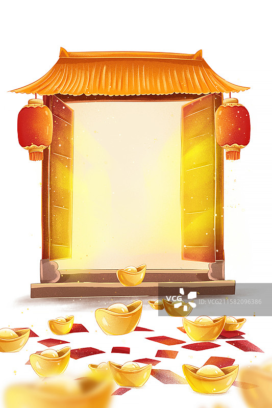 2026年国潮风春节贺岁插画  开门迎财 地上满是金元宝和红包 古代建筑的庭院 白色背景 竖版图片素材