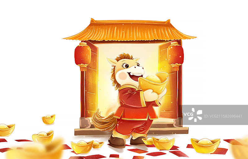 国潮风春节插画 金马贺岁图 2026丙午年 3D卡通形象 开门迎财 金马抱金元宝 地上都是元宝和红包图片素材
