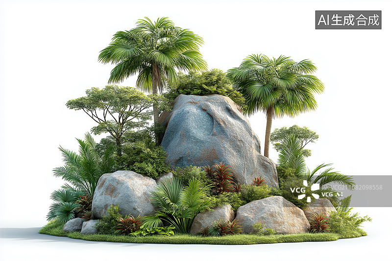 【AI数字艺术】石头绿植景观盆栽元素图片素材