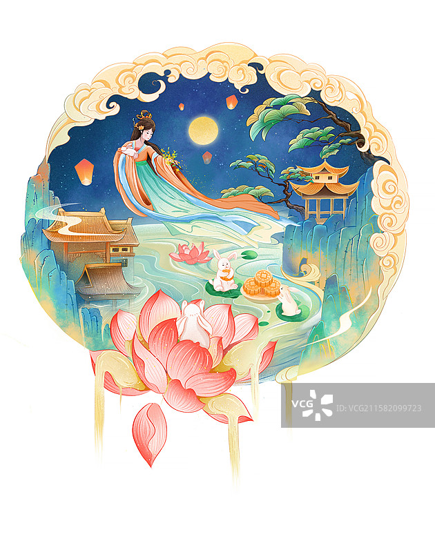 国潮风中秋节 古 嫦娥抱着玉兔飞舞在满月旁 桂花飘香 吃月饼赏月赏荷花山水画 祥云围绕 白色背景图片素材