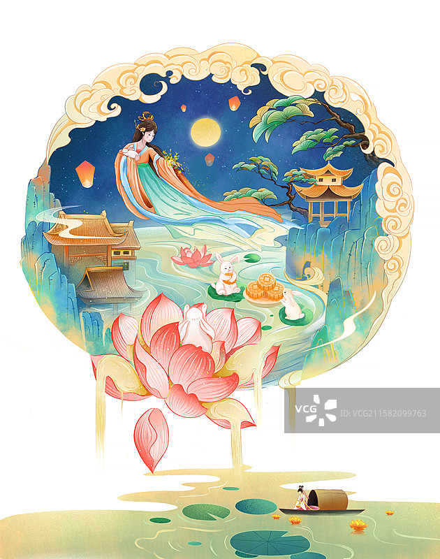 国风中秋节 嫦娥抱着玉兔飞舞在满月旁 桂花飘香 吃月饼赏月赏荷花山水画 古风女子游湖放河灯 白色背景图片素材