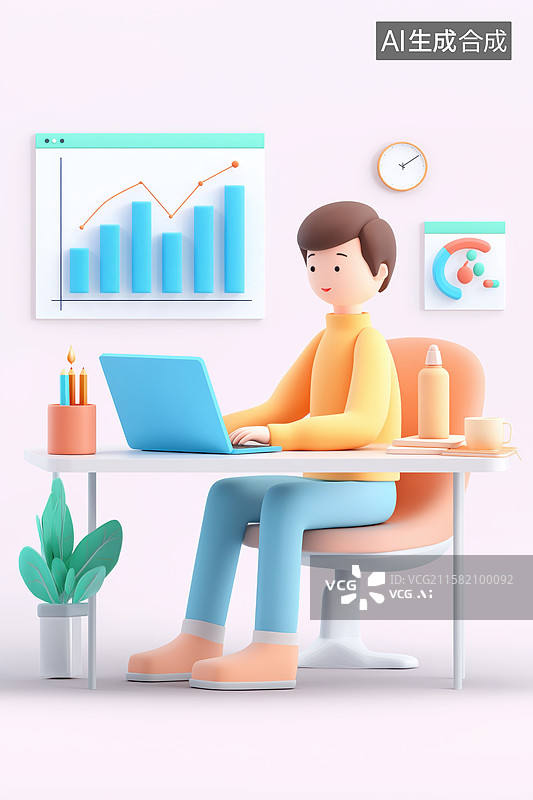 【AI数字艺术】3D人物办公场景，图表分析图片素材