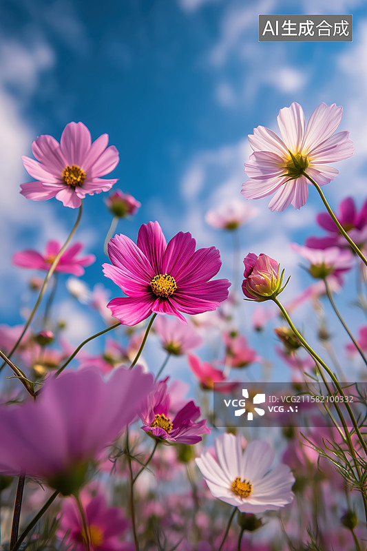 【AI数字艺术】蓝天下的粉紫色波斯菊图片素材