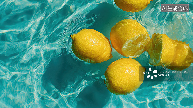 【AI数字艺术】清澈水中漂浮的柠檬图片素材