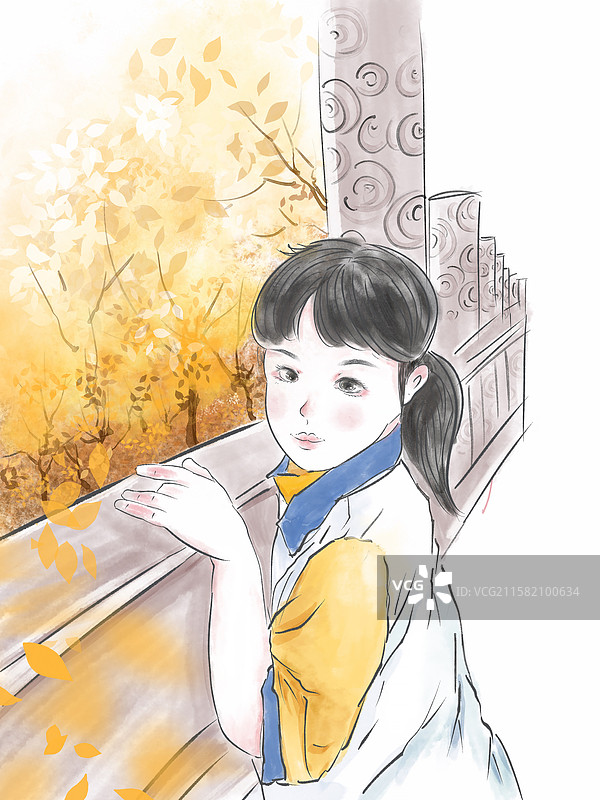 手绘治愈清新风格儿童插画 站在桥边回头看的小女孩 穿校服的小学生 手绘速写人物插画图片素材