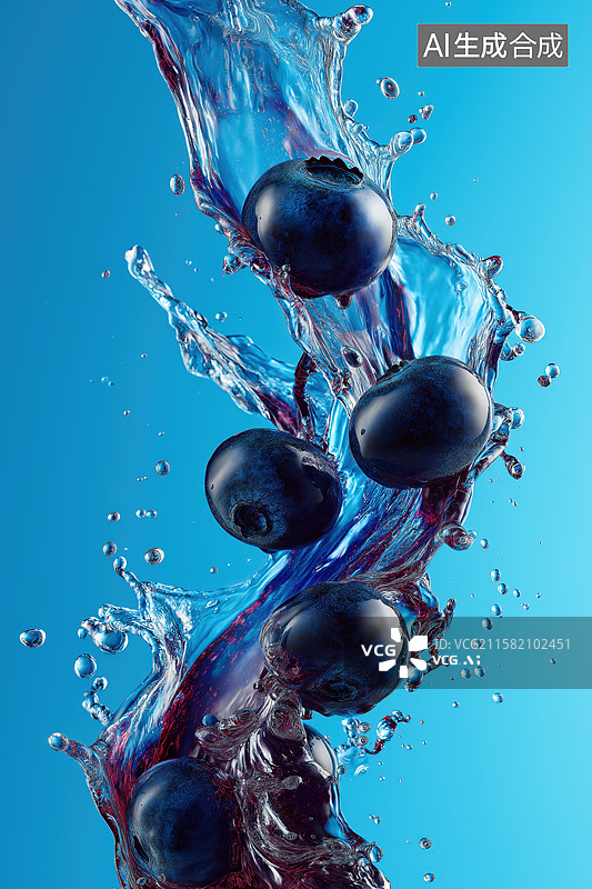 【AI数字艺术】蓝莓落入水中，溅起蓝色水花图片素材