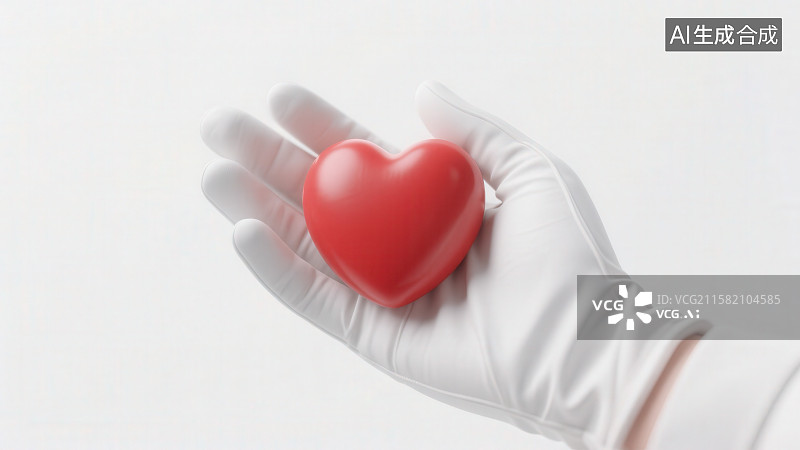 【AI数字艺术】一只戴着白色手套的手捧着一颗跳动的红色心脏图片素材