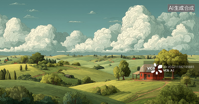 【AI数字艺术】牧场自然风景插画图片素材