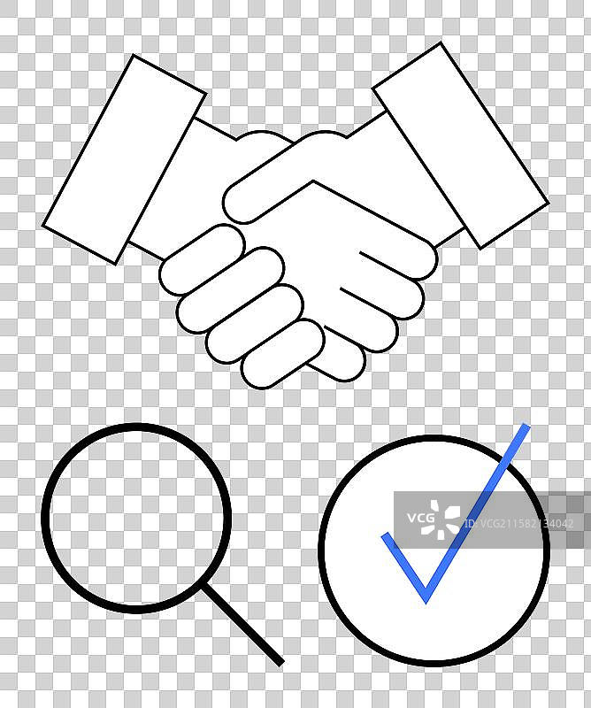 放大镜和勾号上方的握手图片素材