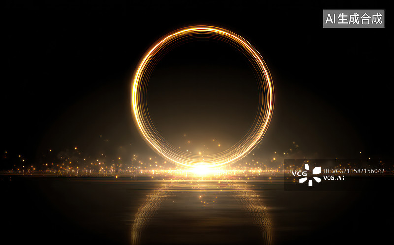 【AI数字艺术】黑暗背景上金色发光圆环效果图片素材