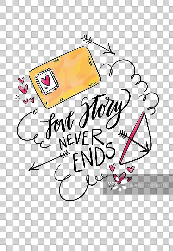 手绘情人节贺卡与书法设计图片素材