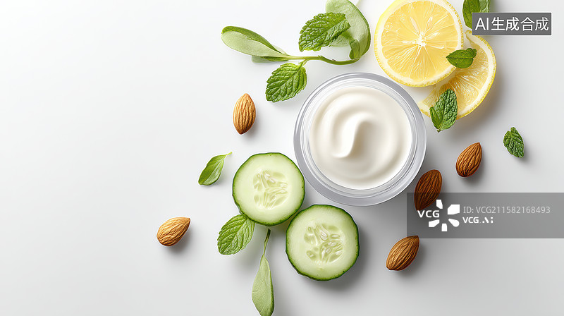 【AI数字艺术】柠檬、黄瓜和坚果的滋养组合图片素材