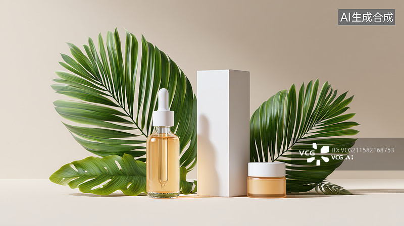 【AI数字艺术】天然植物精油与护肤品的静物展示图片素材