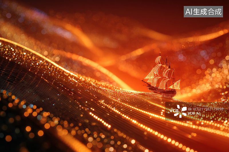 【AI数字艺术】金芒瀚海：赛博帆船的奇幻征途图片素材