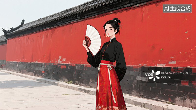 【AI数字艺术】美女，马面裙，折扇，传统文化，插画图片素材