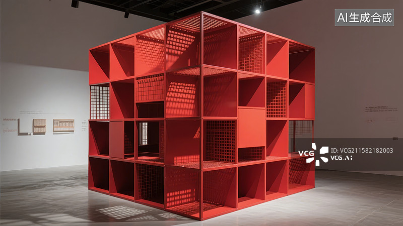 【AI数字艺术】红色立方体结构装置艺术展示图片素材