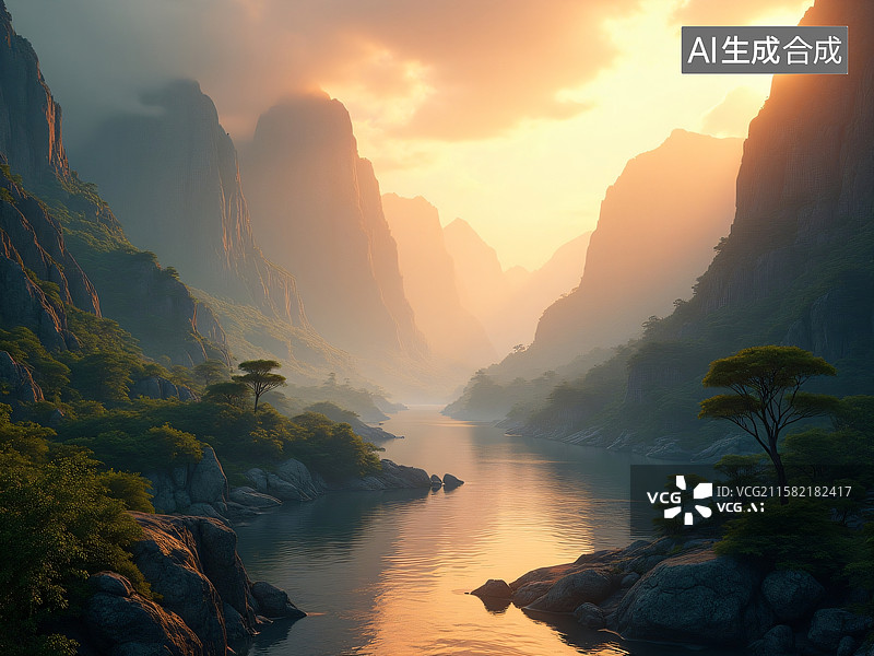 【AI数字艺术】晨曦秘境：山河画卷图片素材