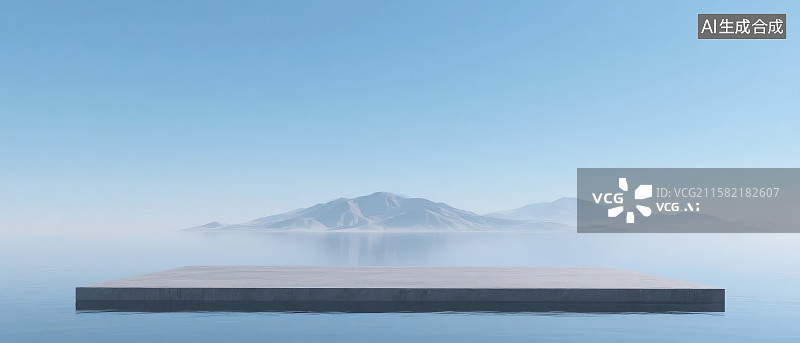 【AI数字艺术】悬浮平台与远山的静谧景象图片素材