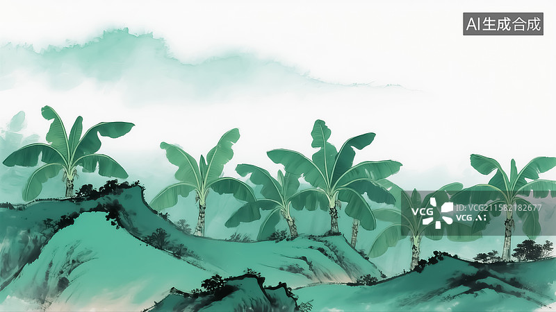 【AI数字艺术】芭蕉山水插画图片素材