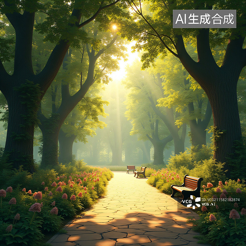 【AI数字艺术】黄昏公园：静谧小径图片素材