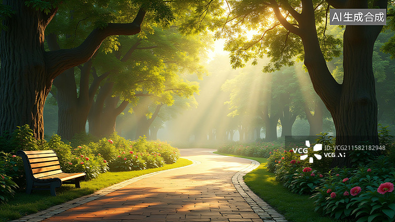 【AI数字艺术】黄昏公园：静谧小径图片素材