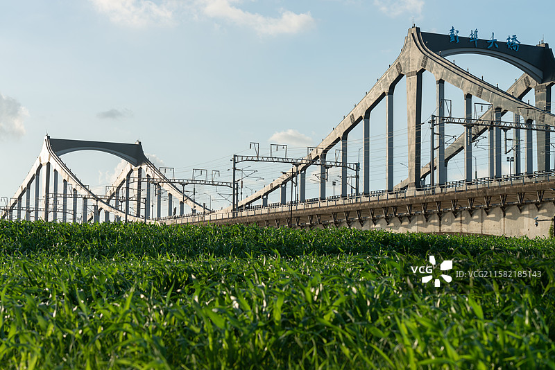 浙江省杭州市钱塘江畔日落铁路桥河流草地绿色风景图片素材