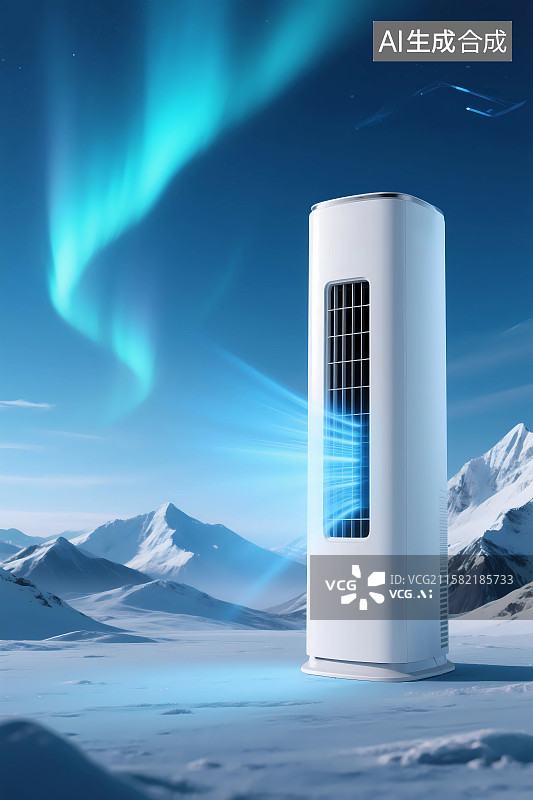 【AI数字艺术】户外雪山下白色立式空调吹出冷气场景图片素材