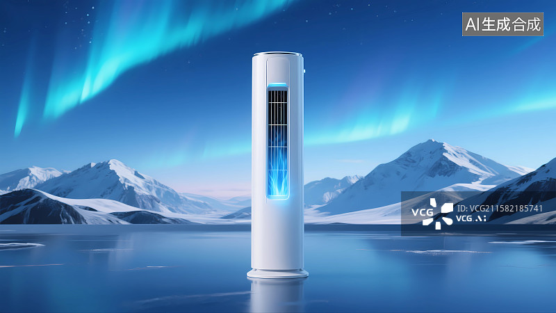 【AI数字艺术】户外雪山下白色立式空调吹出冷气场景图片素材